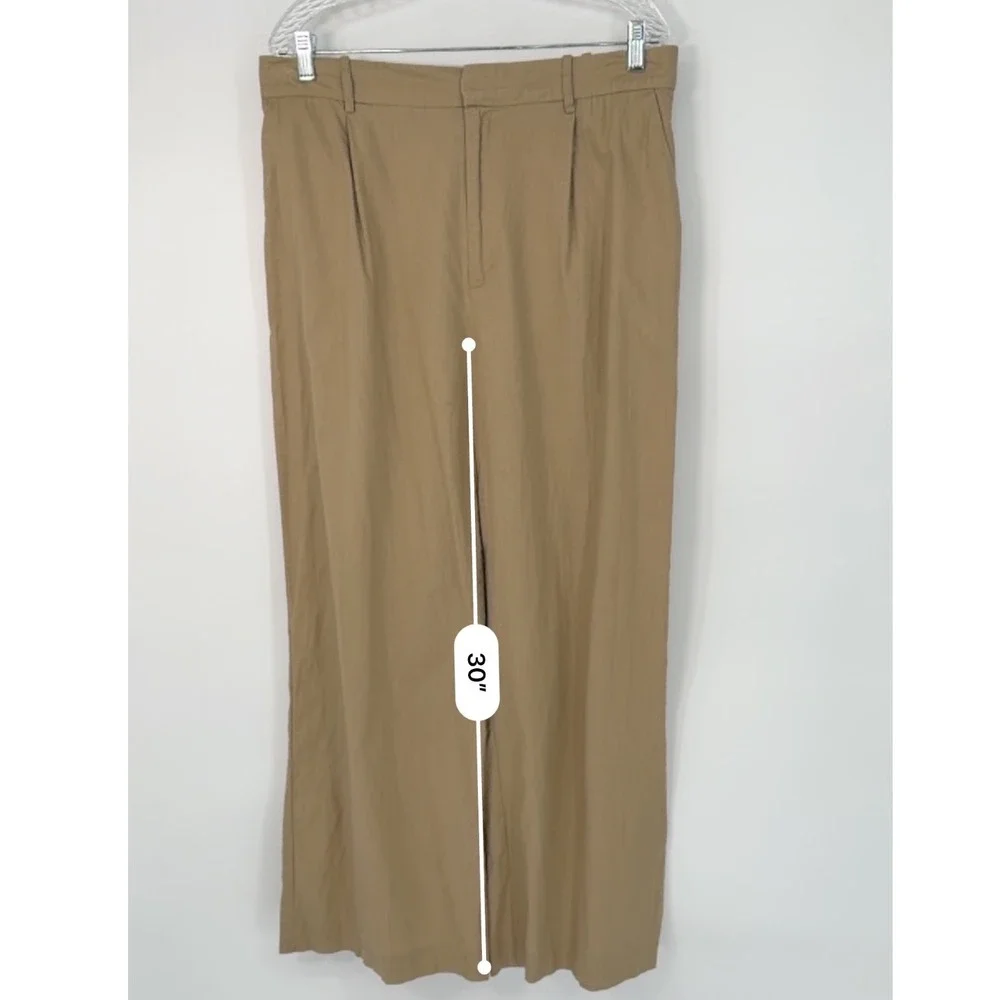 Zara Tan Khaki Linen High Waist‎ Pleated Wide Leg Trousers  XL Resortwear 102-57